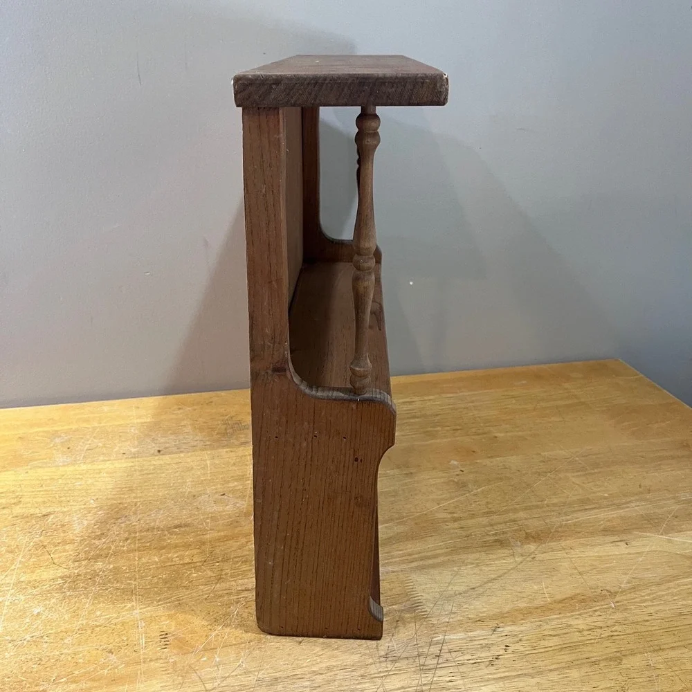 Vtg Rustic Wood Wall Shelf Spindle Detail Farmhouse Curio Spice‎ Rack Brown